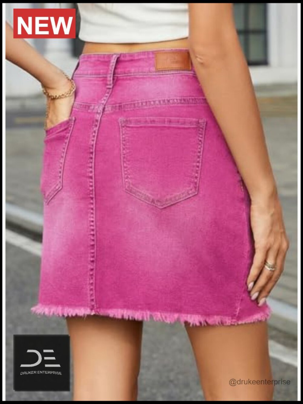 High Waist Stretch Denim Skirt Raw Hem Zip Fly - Picture 3 of 7